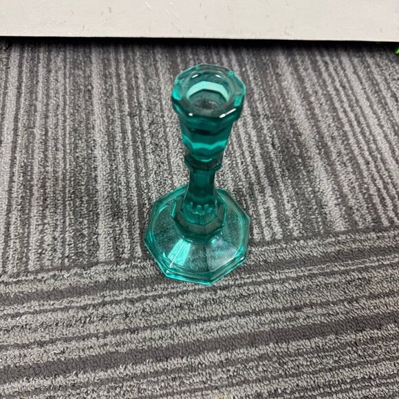 Vintage Teal Turquoise Glass Candlestick Holder | Coastal Beach Vibe | Taper - Picture 3 of 5